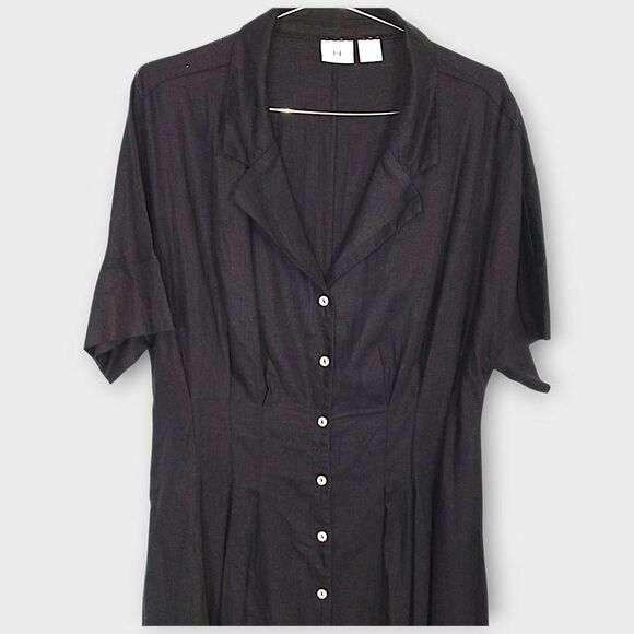 H by Halston Womens‎ Dress Sz 14 Black Linen Midi Shirt Short Sleeve Lagenlook - Picture 7 of 15